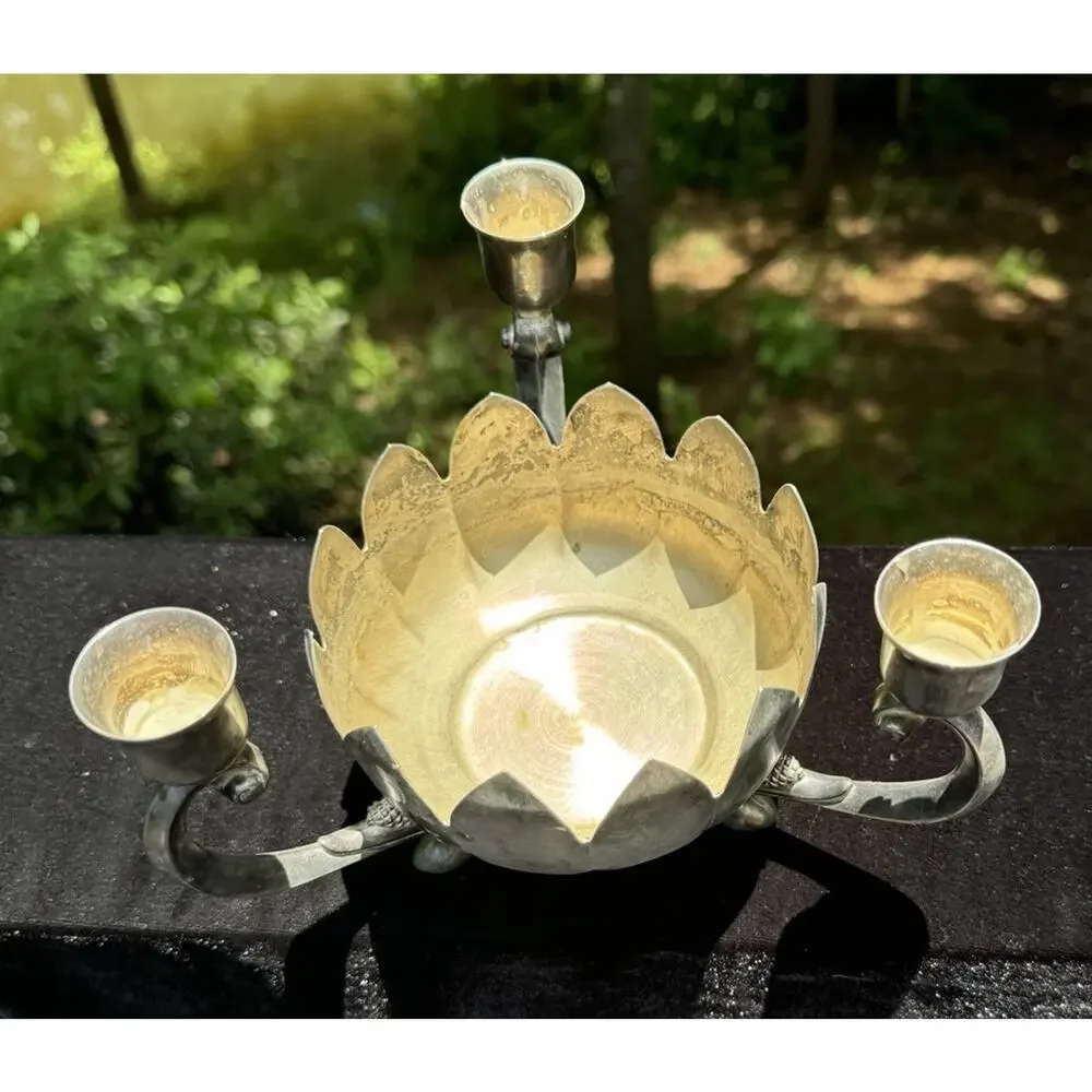 Leonard Silver Plate Centerpiece Triple Candle Holder on Lotus Flower Bowl A85